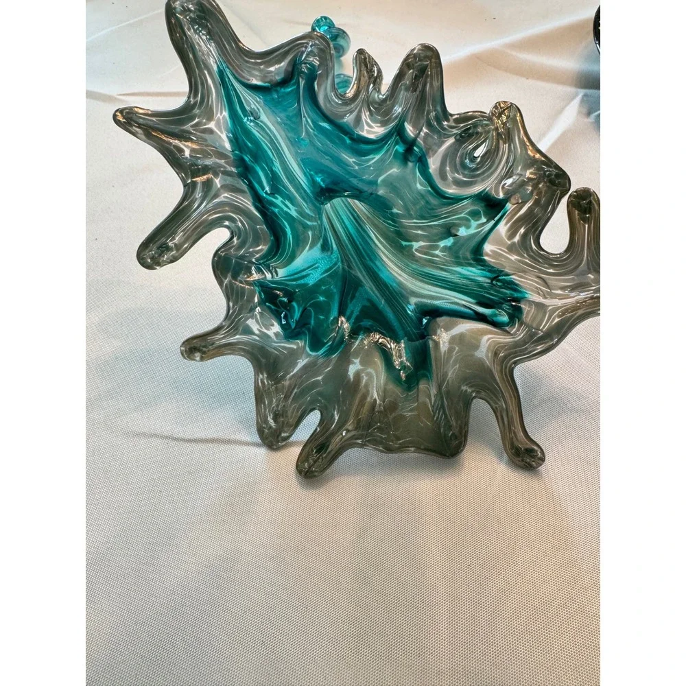 Hand Blown Art Glass Splash Vase Turquoise Teal‎ Smoky Grey Spiral statue Murano